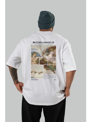 Michelangelo Arka Baskılı Oversize T-Shirt Erkek Kadın Bisiklet Yaka Pamuk Tişort