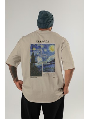 Van Gogh The Starry Night Arka Baskılı Oversize T-Shirt Erkek Kadın Bisiklet Yaka Pamuk Tişort
