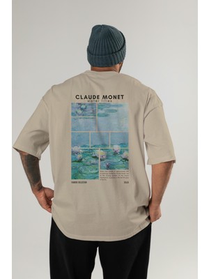 Claude Monet Arka Baskılı Oversize T-Shirt Erkek Kadın Bisiklet Yaka Pamuk Tişort