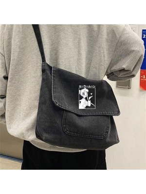 Sailor Moon Baskılı Unisex Gri Kot Postacı Çanta, Şık ve Kullanışlı Tasarım
