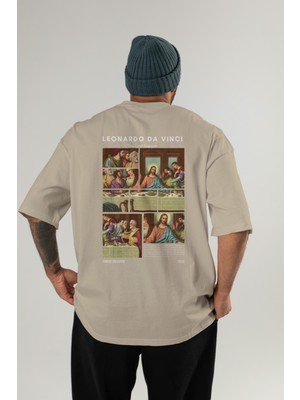 Leonardo Da Vinci Arka Baskılı Oversize T-Shirt Erkek Kadın Bisiklet Yaka Pamuk Tişort