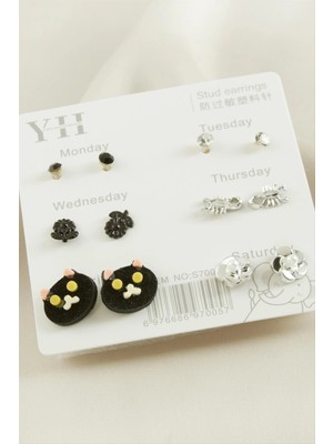 12 Adet Kedi Metal Taşlı Küpe