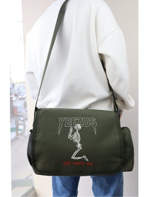 Haki Yazılı Postacı Çantası, Unisex Omuz Çantası, Şık ve Kullanışlı Tasarım