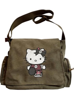 Yeşil Unisex Postacı Çanta, Goth ve Hello Kitty Baskılı, Şık ve Kullanışlı