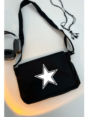 Şık Siyah Baskılı Postacı ve Okul Laptop Çantası