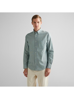 Gant Erkek Yeşil Regular Fit Düğmeli Yaka Çizgili Oxford Gömlek