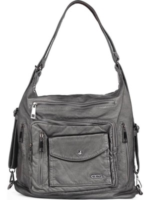 Gri Deri Kadın Omuz ve Sırt Çantası, Şık ve Kullanışlı Tasarım