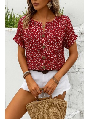 Arben Boutique Kadın Kısa Kollu Çentikli V Yaka ve Düğme Detaylı Çiçek Desenli Süprem Bluz