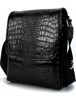 Siyah Erkek Deri Postacı Çantası Büyük Boy Timsah Kroko 3122