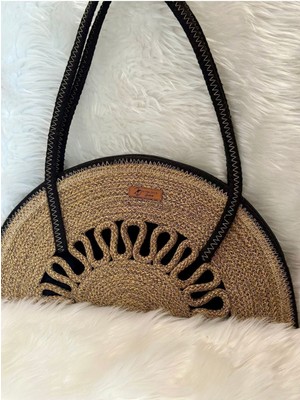 El Yapımı Hasır Astarlı Fermuarlı Şık Çanta, Kahverengi