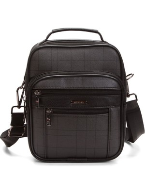 Erkek Ekose Kumaş Çok Bölmeli El ve Omuz Çantası, Siyah