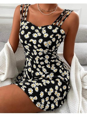 Arben Boutique Kadın Papatya Desen Mikro Kumaş Askılı Elbise