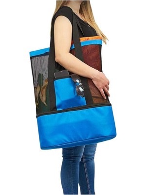 Mavi Yuvarlak Askılı Büyük File Plaj Çantası, Kum Tutmayan Delikli Tasarım