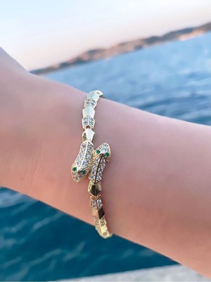 Yeşil ve Beyaz Taşlı Yılan Tasarımlı Şık Bileklik