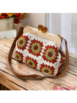 Örgü Motifli Ahşap Detaylı Şık Çanta, Kahverengi, Zarif ve Kullanışlı Tasarım