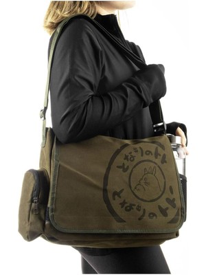 Haki Totoro Tasarımlı, Yan Cepli, Suluk Bölmeli Şık Postacı Çanta