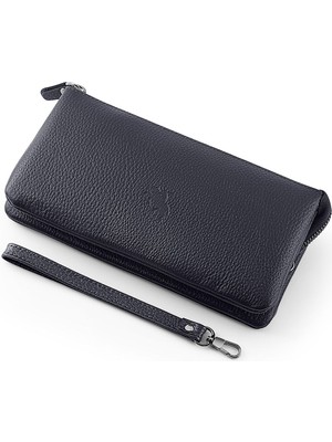 Hakiki Deri Erkek El ve Bilek Çantası, Lacivert, Şık ve Dayanıklı Tasarım