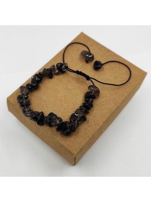 Dumanlı Kuvars Taşı Kırık Doğal Taş Makrome Bileklik, Siyah Renk