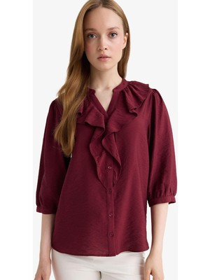 DeFacto Regular Fit Bisiklet Yaka Volanlı Uzun Kollu Gömlek E9922AX25AU