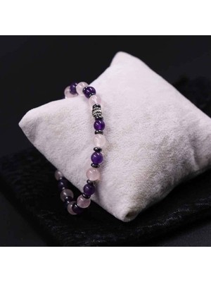 Renkli Doğal Taş Bileklik, 6mm Elastik Misina, Pembe Kuvars, Ametist ve Hematit