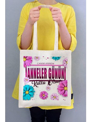 Anneler Gününe Özel Mesajlı Beyaz Bez Çanta