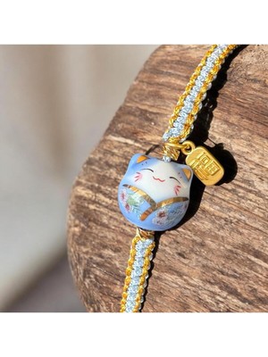 Mavi Maneki Neko Figürlü El Yapımı Şans Bilekliği, Özel Tasarım