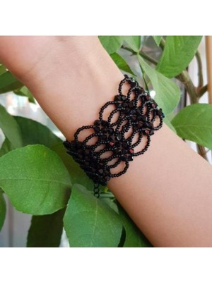 El Yapımı Kristal Taşlı Şık Bileklik, Siyah Renk