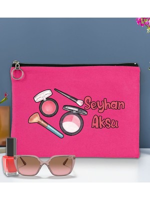 Kişiye Özel Fuşya Astarlı Organizer Portföy Çanta 30X21CM, Baskılı El Çantası