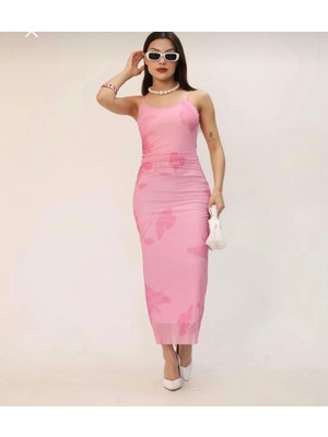 Zr Model Çiçek Desenli Askılı Midi Elbise