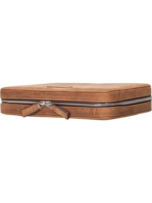 Deri Fermuarlı Çok Amaçlı Aksesuar Taşıma Çantası, Antik Kahve