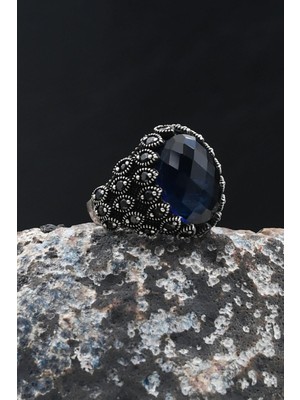 Lacivert Zirkon Taşlı 925 Ayar Gümüş Yüzük Zirkon Taş Süslemeli 902067