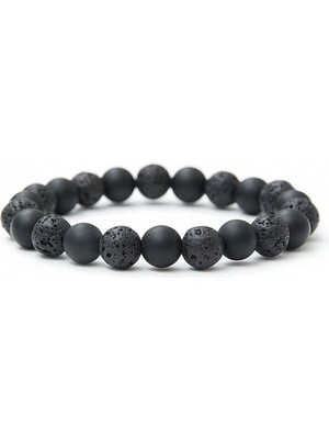 Unisex Minimal Şık Lav-Onix Doğal Taş Bileklik, El Yapımı, Zarif Tasarım, Siyah Renk