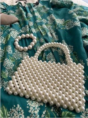 Inci Detaylı Şık Beyaz Küçük Taşlı El Çantası