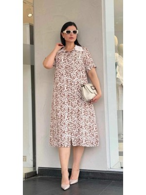 Büyük Beden Yaka ve Kol Bantı Brodereli Gömlek Elbise