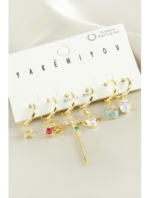 Ahes Shopping Yakemiyou 6 Adet Kalp Zirkon Taşlı Lüks Çelik Küpe