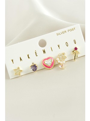 Ahes Shopping Yakemiyou 5 Adet Zirkon Taşlı Lüks Çelik Küpe