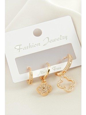 Ahes Shopping 3 Adet Çiçek Zirkon Taşlı Küpe