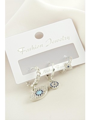 Ahes Shopping 3 Adet Oval Nazar Zirkon Taşlı Küpe