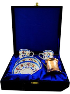 E-Meta Kütahya Bakır Cezveli Kahve Seti-5 Parça-Kadife Hediye Kutusuyla-2 Fincan+2 Altlık+Bakır Cezve