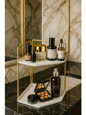 Okay Dekoratif 2 Katlı Raf | Çok Amaçlı Organizer Paslanmaz Çelik & Ahşap Stand