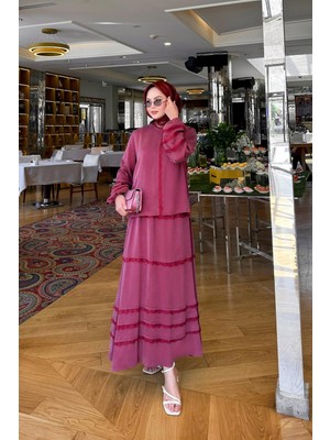 Bordo Dantel Şeritli Cupra Etek Takım