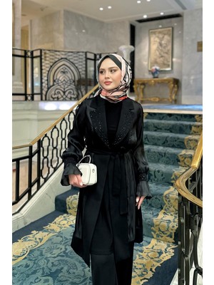 Siyah Taşlı Saten Ceket Üçlü Takım