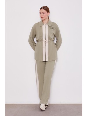 Haki Yakası Inci Güpür Detaylı Ikili Takım