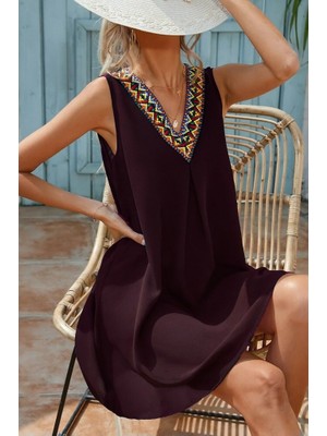 Kadın Sıfır Kol Şerit Detaylı V Yaka Viskon Elbise