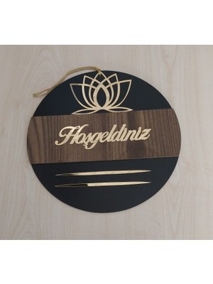 Lotus Desenli Hoşgeldiniz Yazılı Aynalı Pleksi Ahşap Kapı Süsü