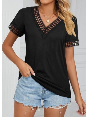 Kadın Kısa Kollu V Yaka Dantel Yakalı Viskon Bluz
