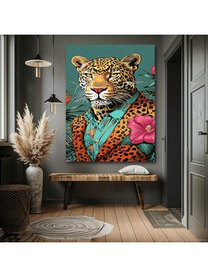 Özkacar Group Çiçekli Takım Elbiseli Havalı Leopar  Kanvas Tablo Ev Duvar Salon Ofis Dükkan Hediyelik Dekarasyon Süsü