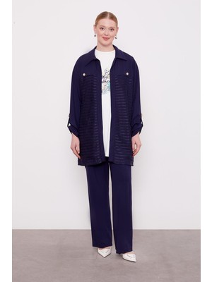 Lacivert File Detay Üçlü Ceket Takım