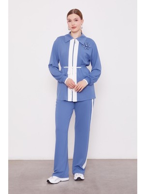 Indigo Yakası Inci Güpür Detaylı Ikili Takım