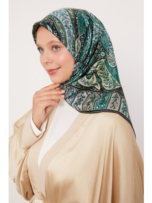 Su Yeşili Karışık Hint Desen Twill İpek Eşarp